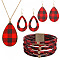 Tartan Pattern Imitation Leather Teardrop Pendant Necklace & Dangle Earrings & Multi-Strand Bracelet, Golden Alloy Jewelry Set for Women, Red, 850mm, 78x37mm, 80x39mm, 192mm In Diameter