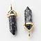 Natural Snowflake Obsidian Pointed Pendants, with Random Alloy Pendant Hexagon Bead Cap Bails, Golden, Bullet, 37~40x12.5x10mm, Hole: 3x4.5mm
