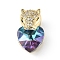 Real 18K Gold Plated Rack Plating Brass Micro Pave Clear Cubic Zirconia Pendants, with Glass, Long-Lasting Plated, Cadmium Free & Lead Free, Leopard with Heart Charm, Turquoise, 20x12x10.5mm, Hole: 5x4mm