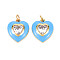 Brass Enamel Pendants, with Clear Cubic Zirconia and Jump Ring, Nickel Free, Real 16K Gold Plated, Heart, Dodger Blue, 17.5x15.5x4.5mm, Hole: 3.5mm