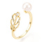 Natural Pearl Open Cuff  Ring Micro Pave Clear Cubic Zirconia, Brass Finger Rings, Leaf, Real 18K Gold Plated, US Size 8(18.1mm)