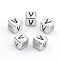 Plated Acrylic Beads, Horizontal Hole, Cube with Letter, Antique Silver, Letter.V, 6mm, Hole: 3mm, about 3000pcs/500g