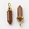 Natural Tiger Eye Pointed Pendants, with Random Alloy Pendant Hexagon Bead Cap Bails, Golden, Bullet, 37~40x12.5x10mm, Hole: 3x4.5mm
