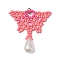 Glass Seed Beaded Butterfly Pendants, with 304 Stainless Steel Jump Ring and Teardrop Imitation Pearl Acrylic Beads, Pink, 37x37.5x8mm, Hole: 3.5mm