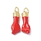 Eco-Friendly Rack Plating Brass Enamel Pendants, Long-Lasting Plated, Real 18K Gold Plated, with Jump Ring, Hand Charm, Red, 20x7x4.5mm, Jump Ring: 5x0.8mm, 3.4mm Inner Diameter