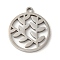 Non-Tarnish 201 Stainless Steel Pendants, Laser Cut, Flat Round with Leaf Charm, Stainless Steel Color, 17x15x1mm, Hole: 1.5mm