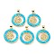 Rack Plating Brass Micro Pave Cubic Zirconia Chakra Pendants, Synthetic Opal Flat Round Charms with Snap on Bail, Cadmium Free & Lead Free, Long-Lasting Plated, Real 18K Gold Plated, Cyan, 24x21x2.5mm, Hole: 5x3.2mm