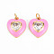 Brass Enamel Pendants, with Clear Cubic Zirconia and Jump Ring, Nickel Free, Real 16K Gold Plated, Heart, Pearl Pink, 17.5x15.5x4.5mm, Hole: 3.5mm