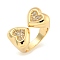 Brass Micro Pave Clear Cubic Zirconia Heart Open Cuff Rings for Women, Cadmium Free & Lead Free, Real 16K Gold Plated, Inner Diameter: 17mm