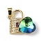 Real 18K Gold Plated Rack Plating Brass Micro Pave Clear Cubic Zirconia Pendants, with Glass, Long-Lasting Plated, Cadmium Free & Lead Free, Lock with Heart Charm, Lime Green, 23x19x8mm, Hole: 5x3.2mm