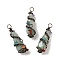Natural Green Aventurine Pointed Big Pendants, Faceted Bullet Charm, with Red Copper Tone Brass Findings and Mixed Chip Stones, Cadmium Free & Lead Free, 51~55x15~17x17~19mm, Hole: 5~6mm