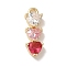 Brass Cubic Zirconia Pendants, Cadmium Free & Nickel Free & Lead Free, Real 14K Gold Plated, 3-Heart, Cerise, 15.5x5x3mm, Hole: 1.4mm