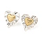 Brass Stud Earrings, with 925 Sterling Silver Pin, Textured, Heart, Golden & Silver, 24.5x24mm