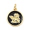 Brass Enamel Pendants, with Jump Rings, Cadmium Free & Lead Free, Real 18K Gold Plated, Flat Round with Angel, Black, 18.5mm, Hole: 3.5mm