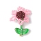 Seed Glass Beaded Pendants, Flower, with Transparent Glass Leaf, Pink, 27x21.5x10.5mm, Hole: 2.5mm