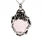 Retro Natural Rose Quartz Pendants, with Antique Silver Plated Brass Findings, Oval with Flower, 40x30x10mm