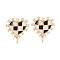 Brass Micro Pave Clear Cubic Zirconia Stud Earring Findings, with Enamel, for Half Drilled Beads, Nickel Free, Heart, Real 18K Gold Plated, Black, 14.5x12mm, Pin: 0.6mm, pin: 0.6mm(for half drilled beads)