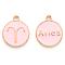 Alloy Enamel Pendants, Cadmium Free & Lead Free, Flat Round with Constellation, Light Gold, Pink, Aries, 22x18x2mm, Hole: 1.5mm