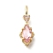 Brass Glass Pendants, Rhombus with Heart Charms, Real 14K Gold Plated, Faceted, Pink, 18.5x6.5x4.5mm, Hole: 3.5x2mm