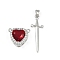 Brass Micro Pave Cubic Zirconia Pendant Sets, Sword & Heart Charms, with Glass, Long-Lasting Plated, Cadmium Free & Lead Free, Rack Plating, Platinum, Dark Red, heart: 14.5x17x9mm, Hole: 1.2mm