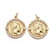 Brass Micro Pave Clear Cubic Zirconia Pendants, Long-Lasting Plated, with Jump Rings, Flat Round, Real 18K Gold Plated, 20.5x18x3mm