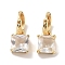 Real 18K Gold Plated Brass Rectangle Dangle Hoop Earrings, with Square Glass, Clear, 20.5x9mm