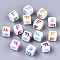 Acrylic Beads, Horizontal Hole, Cube with Mixed Color Letter, Letter.F, 6x6x6mm, Hole: 3mm, about 2600pcs/500g