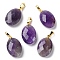 Natural Amethyst Pendants, Faceted Oval Charms with Golden Plated Brass Snap on Bails, 21.8x13.4~13.5x6.2mm, Hole: 5.3x3.7mm