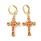 Real 18K Gold Plated Brass Dangle Leverback Earrings, with Glass, Cross, Coral, 38x16mm