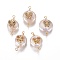 Natural Pearl Links connectors, with Cubic Zirconia and Brass Findings, Flat Round with Butterfly, Golden, Mixed Color, 19~23x10~12x6~9mm, Hole: 1.6mm