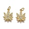 Brass Micro Pave Cubic Zirconia Charms, Leaf, Golden, 15x11.5x1.5mm, Hole: 3mm