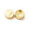 Rack Plating Brass Enamel Beads, with Shell Chips, Long-lasting Plated, Cadmium Free & Lead Free, Flat Round with Heart, Golden, Antique White, 11x4.5mm, Hole: 1.8mm