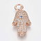 Brass Micro Pave Cubic Zirconia Pendants, Cadmium Free & Lead Free, with Jump Rings, Hamsa Hand/Hand of Fatima /Hand of Miriam, Clear, Rose Gold, 20x12x3mm, Hole: 3mm