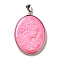 Dyed Natural White Shell Cameo Woman Pendants, Brass Oval Charms with Platinum Plated Iron Snap on Bails, Hot Pink, 44x31.5x4mm, Hole: 7x4mm
