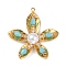 304 Stainless Steel Pendants, with Acrylic Beads, Flower, Golden, Sky Blue, 37.5x34.5x8.5mm, Hole: 1.5mm