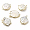 Baroque Natural Keshi Pearl Connector Charms, Flat Round Links, with Brass Double Loops, Light Gold, 28~32x21~26x5~7mm, Hole: 1.6~1.8mm