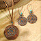 Bohemian Alloy & Wood Pendant Necklaces & Dangle Earrings Sets, Flat Round with Flower, Red Copper, 400mm & 73x33mm