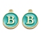 Golden Plated Alloy Enamel Charms, Enamelled Sequins, Flat Round with Alphabet, Letter.B, Green, 14x12x2mm, Hole: 1.5mm