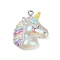 Transparent Resin Pendants, with Platinum Iron Loop & Glitter Powder, Unicorn, 28.5x24.5x8.5mm, Hole: 2mm