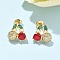 Brass Cubic Zirconia Stud Earrings, Cherry, Real 18K Gold Plated, 12.5x12.5mm