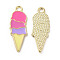 Summer Theme Alloy Enamel Pendants, Ice Cream Charms, Golden, Hot Pink, 26x10x1mm, Hole: 2mm