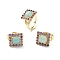Natural Amazonite & Amethyst Rectangle Adjustable Ring, Real 18K Gold Plated Brass Wide Ring for Women, US Size 7 1/4(17.5mm)