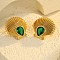304 Stainless Steel Cubic Zirconia Stud Earrings, Shell Shape, Golden, Green, 25x26mm