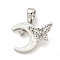 Brass Micro Pave Clear Cubic Zirconia Pendants, Cadmium Free & Nickel Free & Lead Free, with Shell, Moon with Butterfly, Platinum, 13x15.5x6.5mm, Hole: 4x2mm