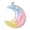 Gradient Color Translucent Resin Pendants, Glitter Moon Charms with Platinum Tone Iron Loops, Pink, 40x34x5mm, Hole: 2mm