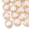 Glass Charms, with Brass Findings, Imitation Jade, Faceted, Flat Round with Heart, Golden, Pink, 14x11.5x4.5mm, Hole: 1.5mm