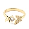 Brass Micro Pave Cubic Zirconia Cuff Ring, Long-Lasting Plated, Butterfly & Flat Round, Real 18K Gold Plated, US Size 6 1/2(16.9mm)
