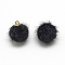Faux Mink Fur Covered Charms, with Golden Tone Brass Findings, Round, Black, 12~14x10mm, Hole: 1.5mm