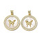 Brass Micro Pave Cubic Zirconia Pendants, Cadmium Free & Lead Free, with Shell, Flat Round with Butterfly Pattern, Real 18K Gold Plated, 24.5x22x2.5mm, Hole: 3.5x5mm
