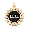 Brass Enamel Pendants, with ABS Imitation Pearl and Jump Ring, Flat Round with 11:11, with Jump Ring, Cadmium Free & Lead Free, Rack Plating, Long-Lasting Plated, Real 18K Gold Plated, Black, 23x20x4mm, Hole: 3mm
